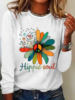 Vintage Long Sleeve Crew Neck Floral Text Letters Loose Regular T-Shirt