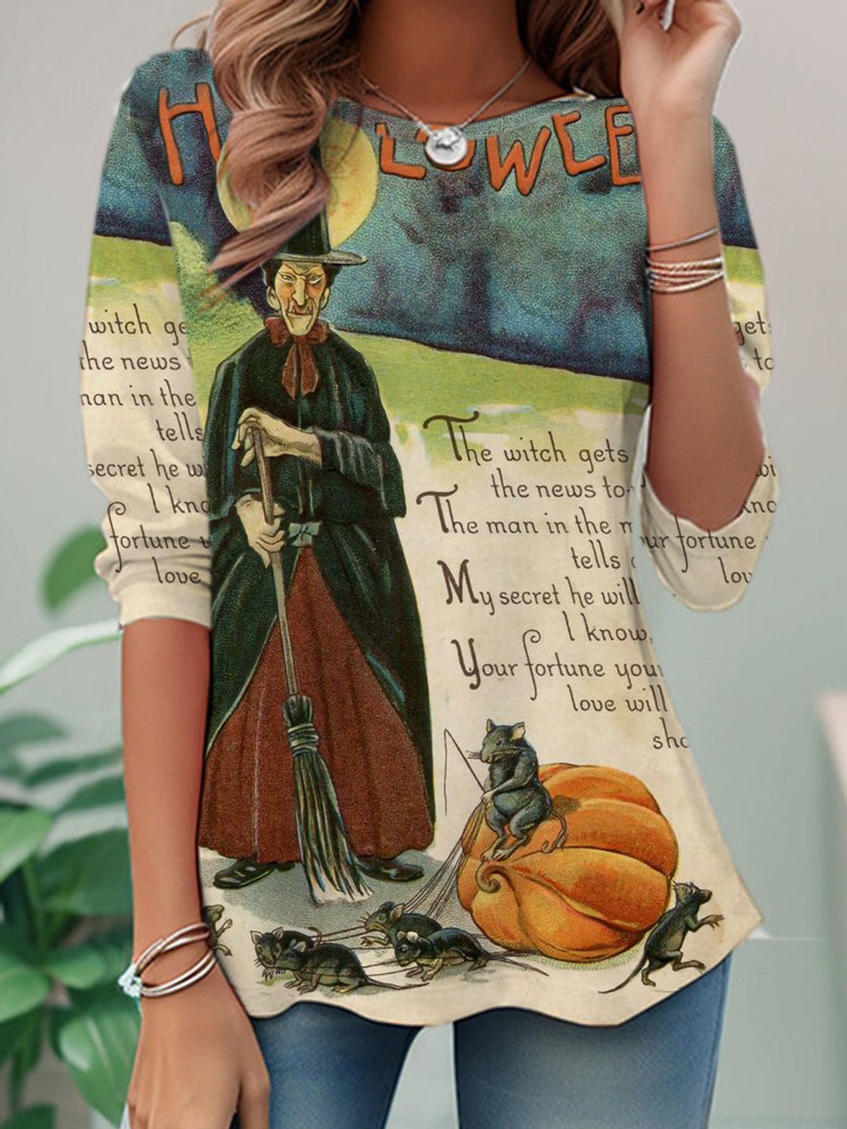 Loose Long Sleeve Crew Neck Halloween Casual Regular T-Shirt