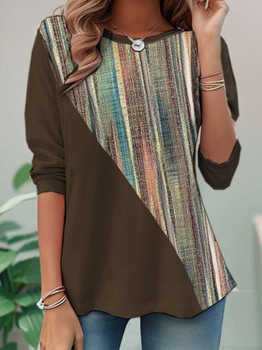 Casual Long Sleeve Crew Neck Abstract Loose Regular T-Shirt