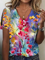 Loose Short Sleeve V Neck Floral Casual Regular Blouse
