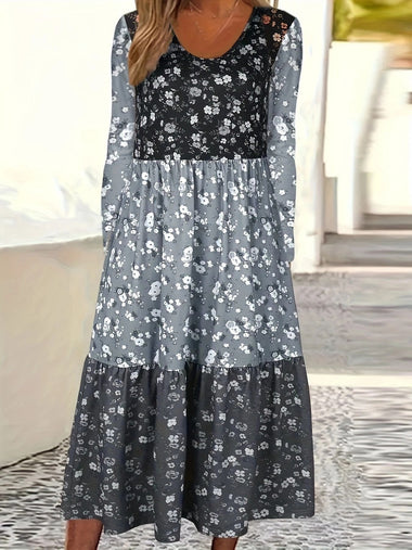 Casual Long Sleeve Crew Neck Floral Midi Dress