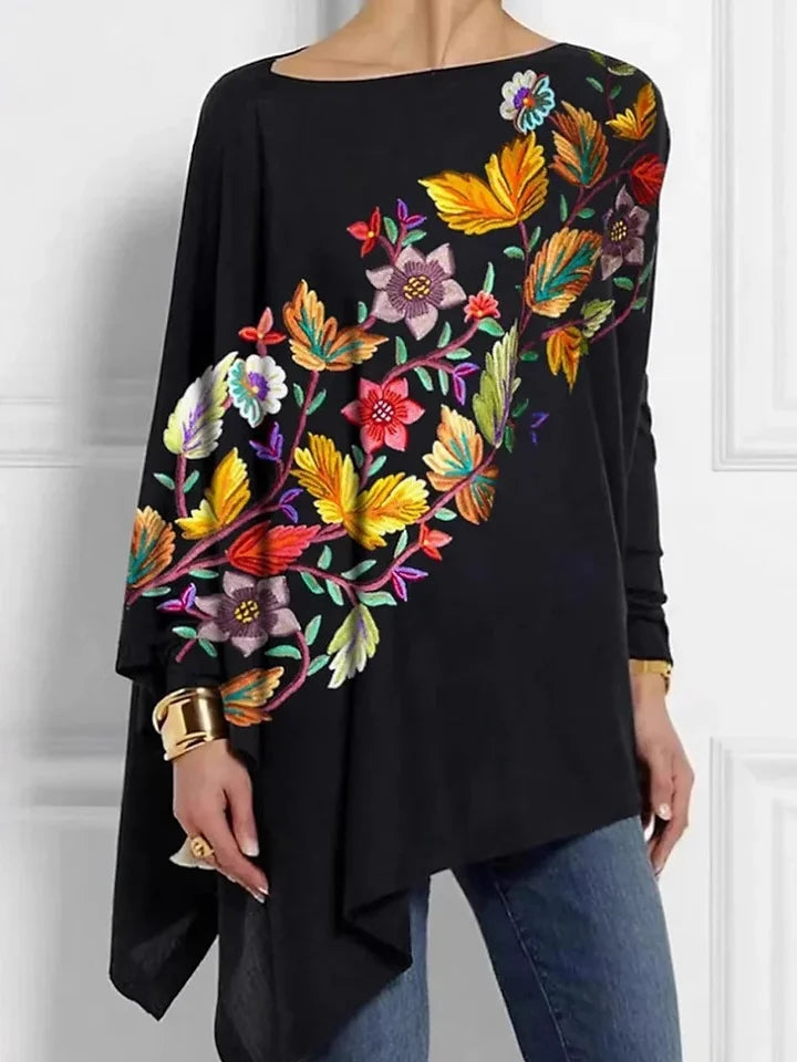 Loose Long Sleeve Crew Neck Floral Casual Mid-Long Blouse