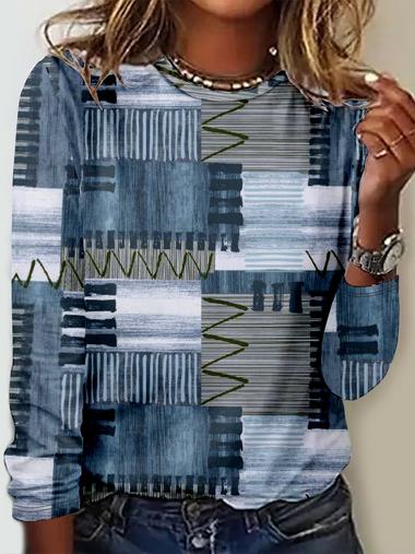 Loose Long Sleeve Crew Neck Geometric Casual Regular T-Shirt