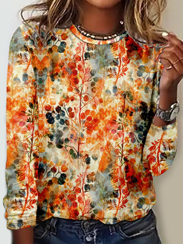 Loose Long Sleeve Crew Neck Floral Casual Regular T-Shirt