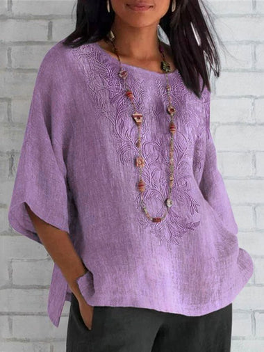 Casual Short Sleeve Crew Neck Plain Embroidery Loose Mid-Long Blouse