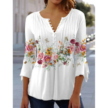 Loose Three Quarter Sleeve Crew Neck Floral Casual Regular Blouse