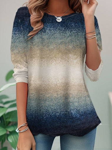 Loose Long Sleeve Crew Neck Striped Casual Regular T-Shirt