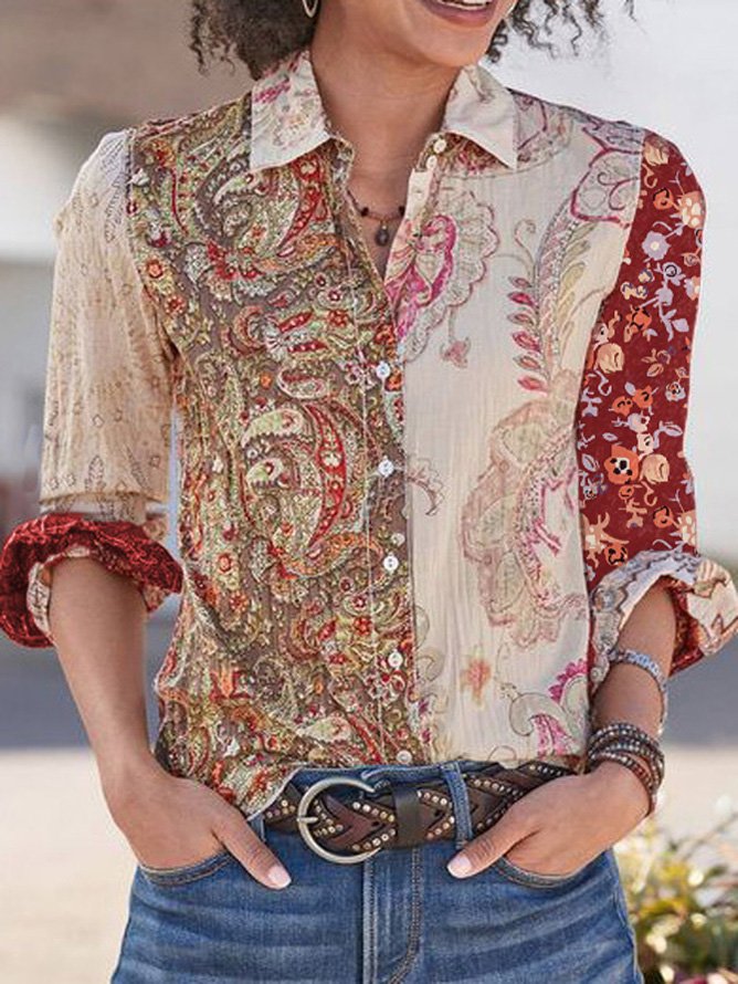 Casual Long Sleeve Shirt Collar Cashew Flowers Loose Regular Shirt