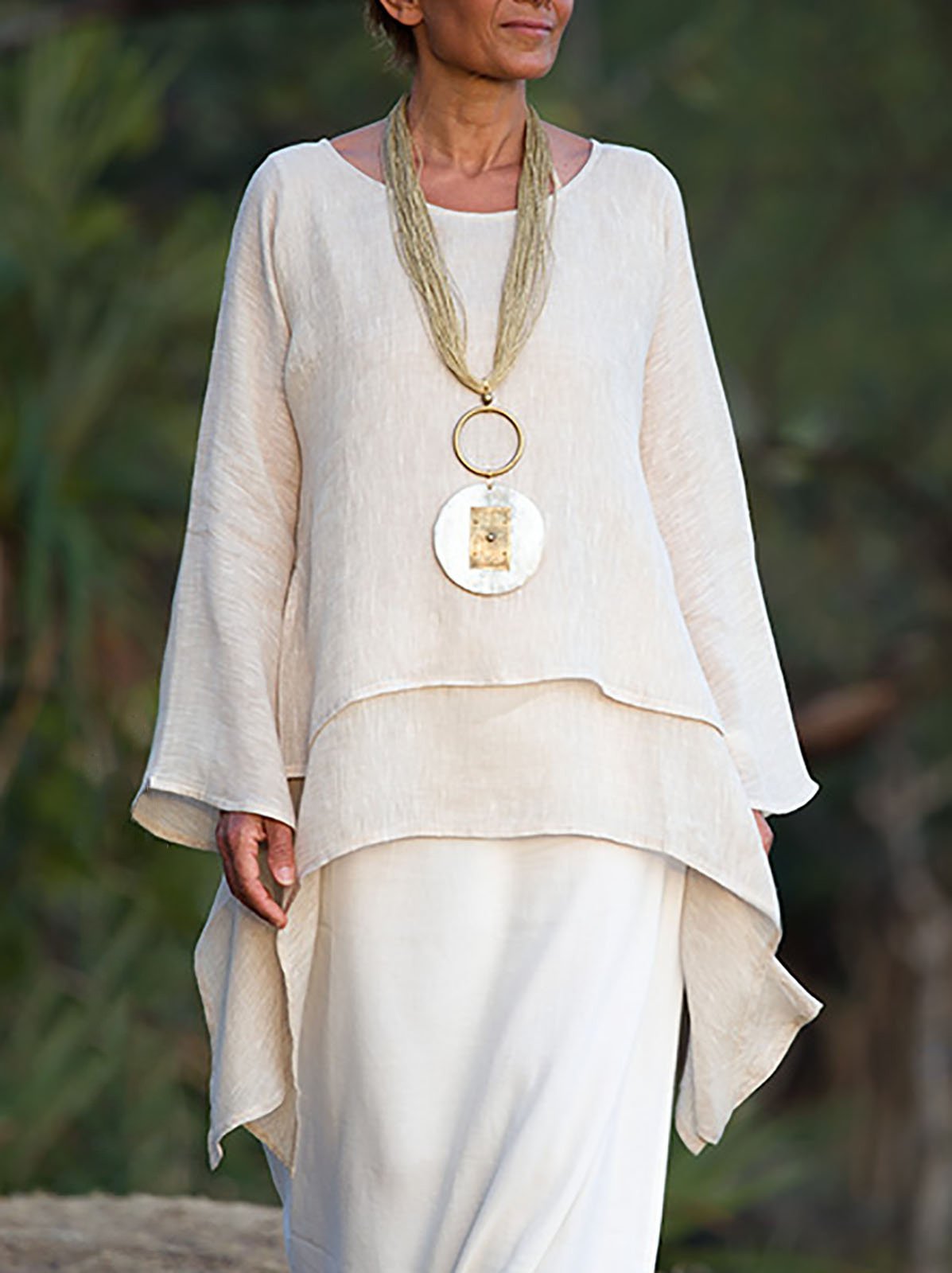 Loose Long Sleeve Crew Neck Plain Split Joint Linen Mid-Long Blouse