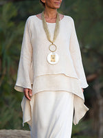 Loose Long Sleeve Crew Neck Plain Split Joint Linen Mid-Long Blouse