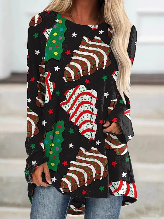 Loose Long Sleeve Crew Neck Christmas Casual Mid-Long T-Shirt