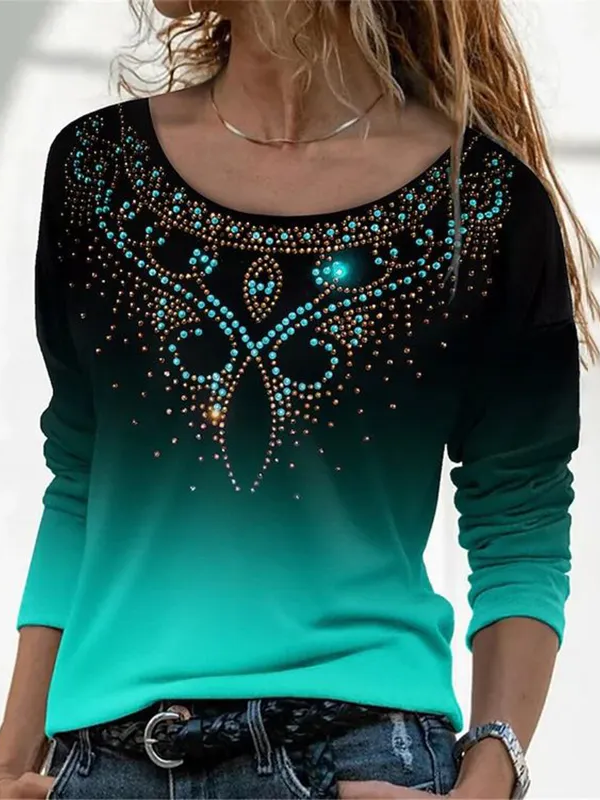 Casual Long Sleeve Crew Neck Geometric Loose Regular T-Shirt