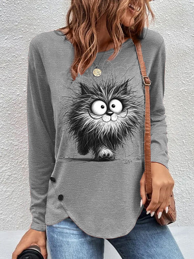 Casual Long Sleeve Crew Neck Cat Regular T-Shirt