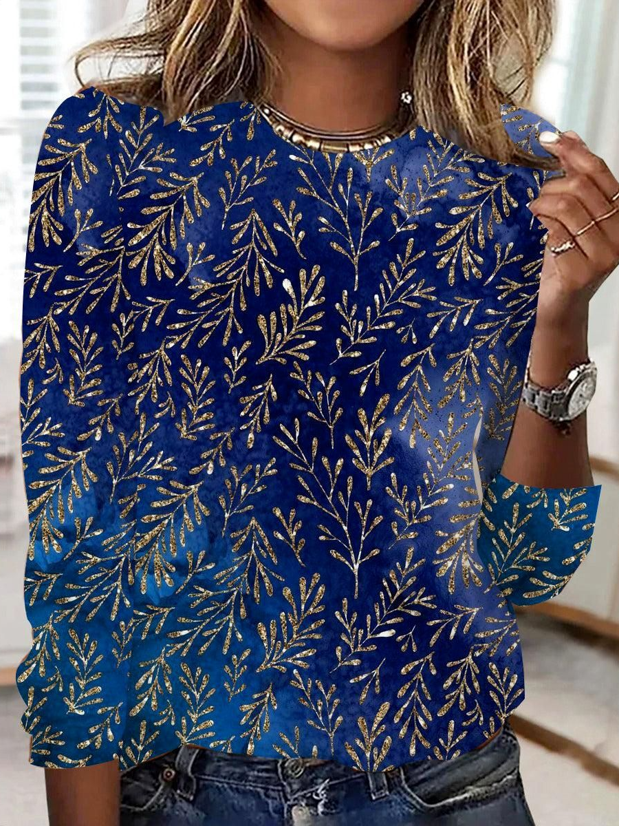 Loose Long Sleeve Crew Neck Floral Casual Regular T-Shirt
