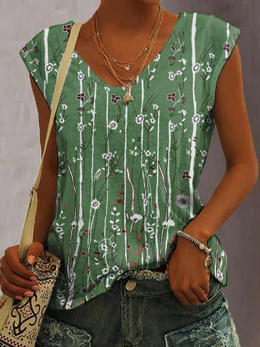 Loose Cap Sleeve V Neck Floral Casual Regular T-Shirt