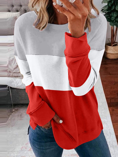 Casual Long Sleeve Crew Neck Color Block Loose Regular Sweatshirt