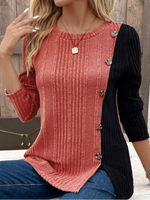 Casual Long Sleeve Crew Neck Color Block Beaded Loose Regular Blouse