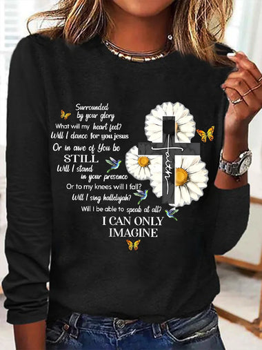 Long Sleeve Crew Neck Text Letters Simple Regular Blouse