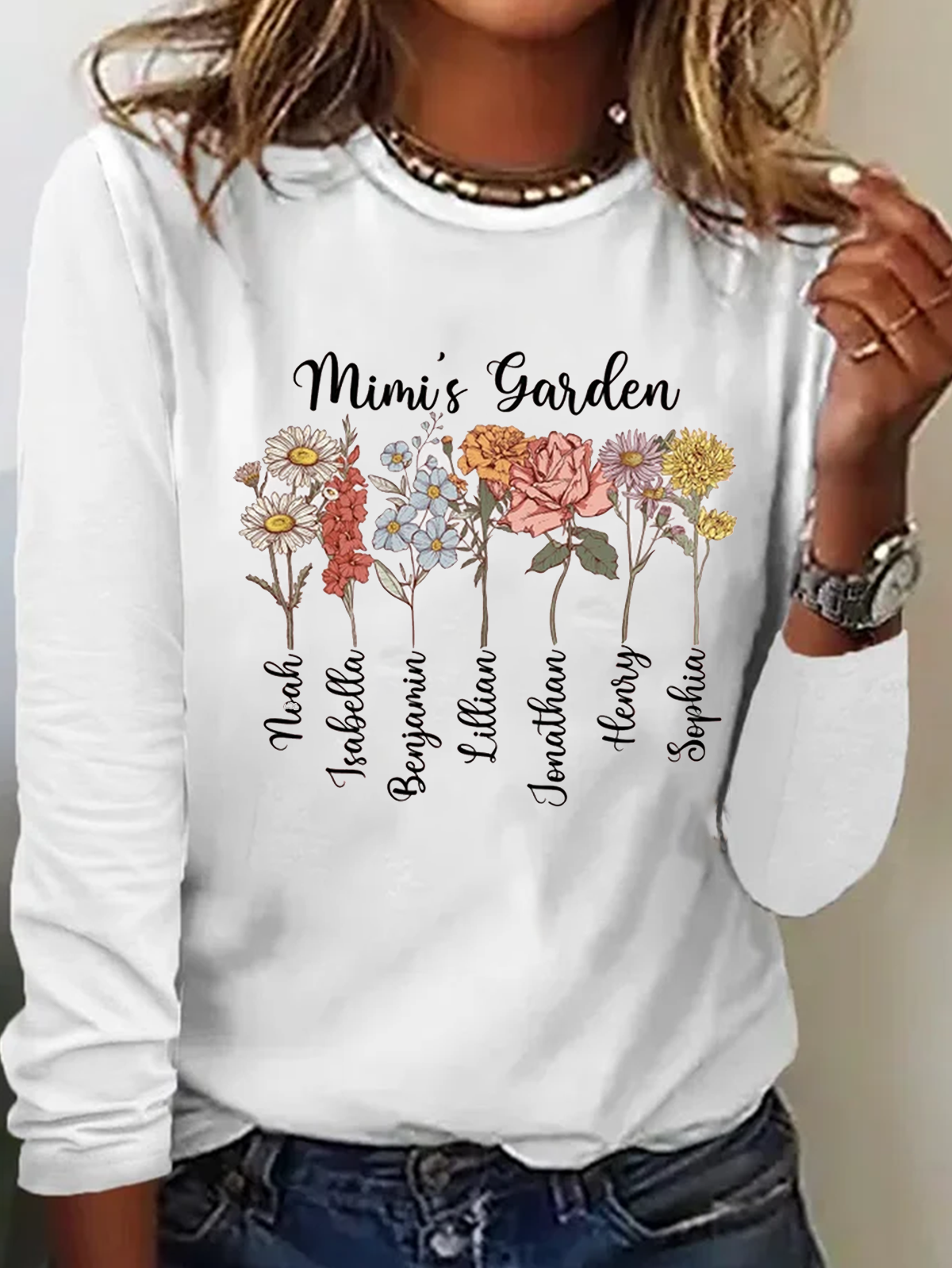 Loose Long Sleeve Crew Neck Floral Text Letters Casual Regular T-Shirt