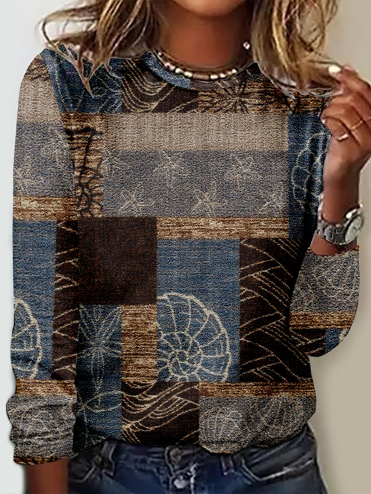 Casual Long Sleeve Crew Neck Ethnic Loose Regular T-Shirt