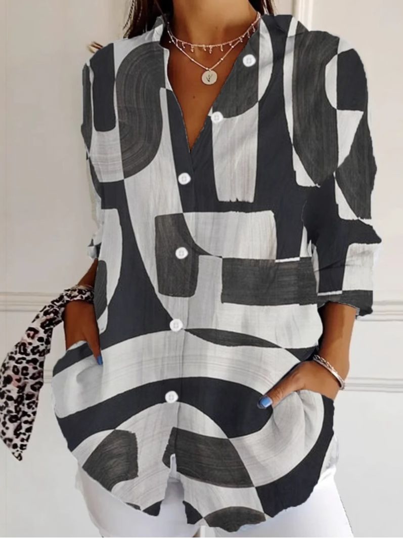 Casual Long Sleeve Shirt Collar Abstract Loose Regular Shirt