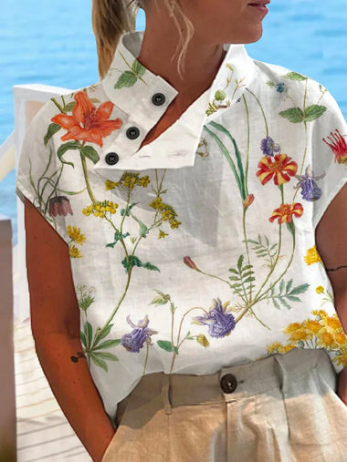 Casual Cap Sleeve Asymmetrical Floral Loose Regular Blouse