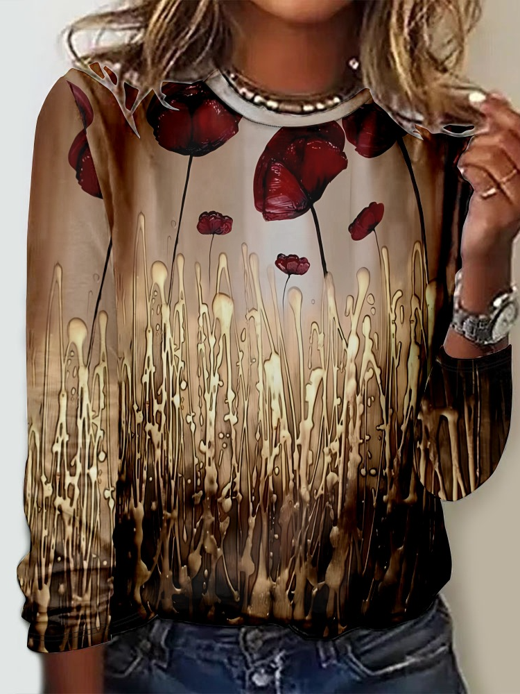 Loose Long Sleeve Crew Neck Floral Casual Regular T-Shirt