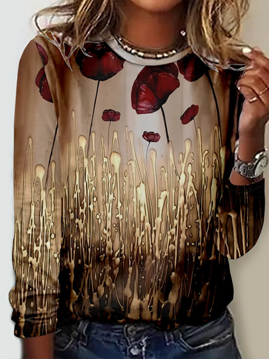 Loose Long Sleeve Crew Neck Floral Casual Regular T-Shirt