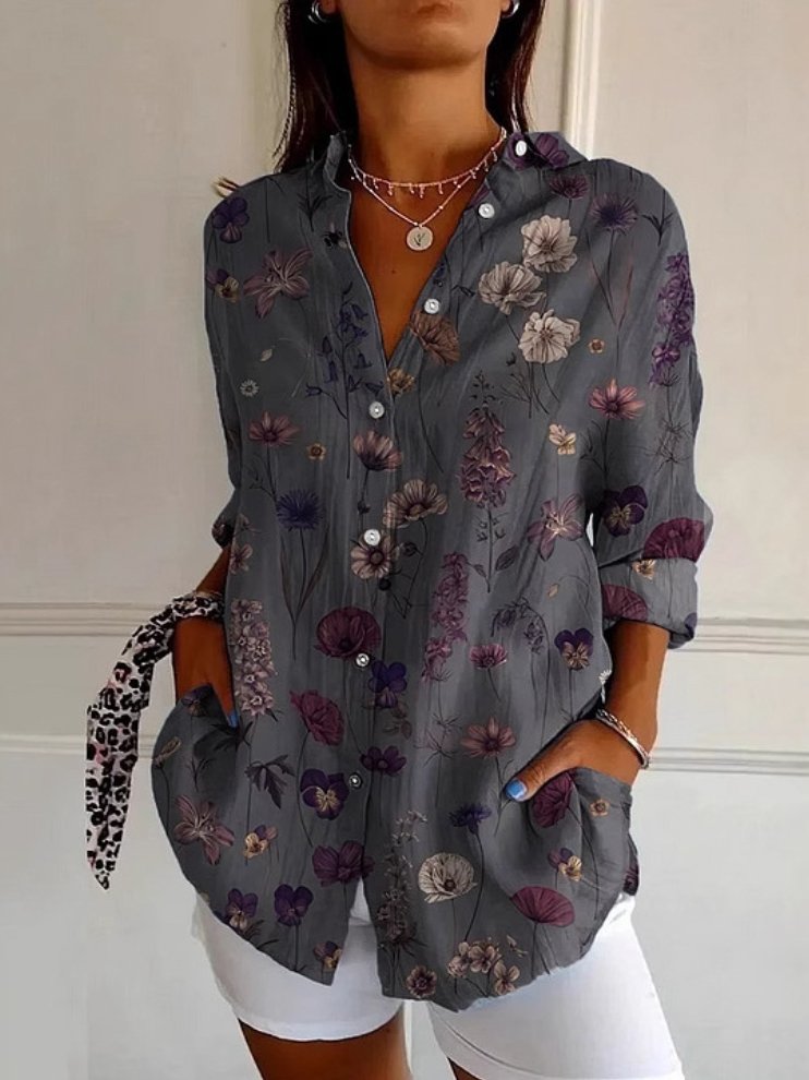 Loose Long Sleeve Shirt Collar Ethnic Floral Casual Regular Shirt