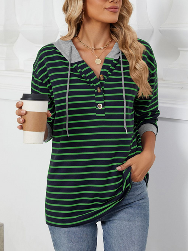 Casual Long Sleeve Hoodie Striped Zipper Loose Regular Sweatshirt