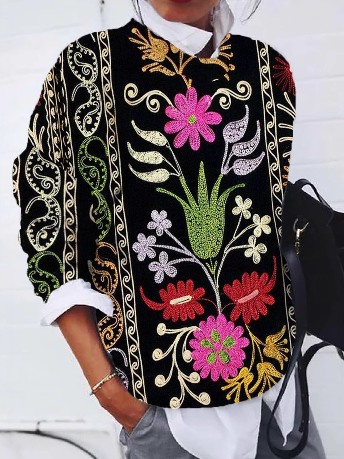 Loose Long Sleeve Crew Neck Ethnic Zipper Casual Regular Sweatshirt