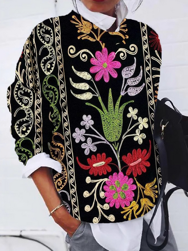 Loose Long Sleeve Crew Neck Ethnic Zipper Casual Regular Sweatshirt