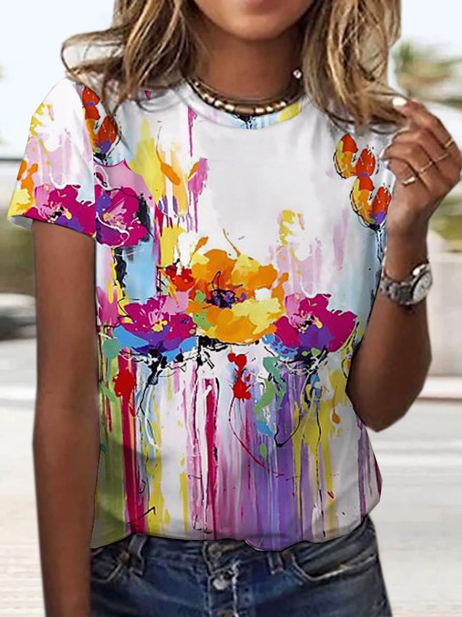 Casual Short Sleeve V Neck Floral Loose Regular T-Shirt