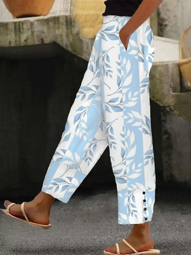 Casual Floral Buckle Loose Long Pants