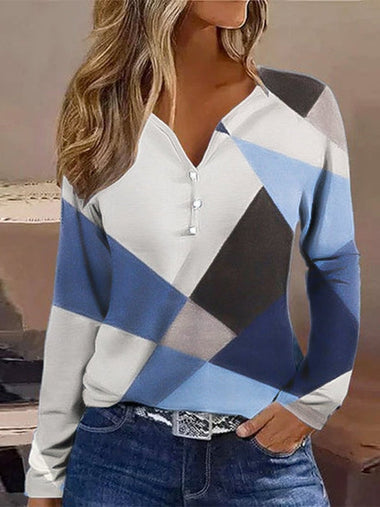 Casual Long Sleeve Crew Neck Geometric Loose Regular T-Shirt