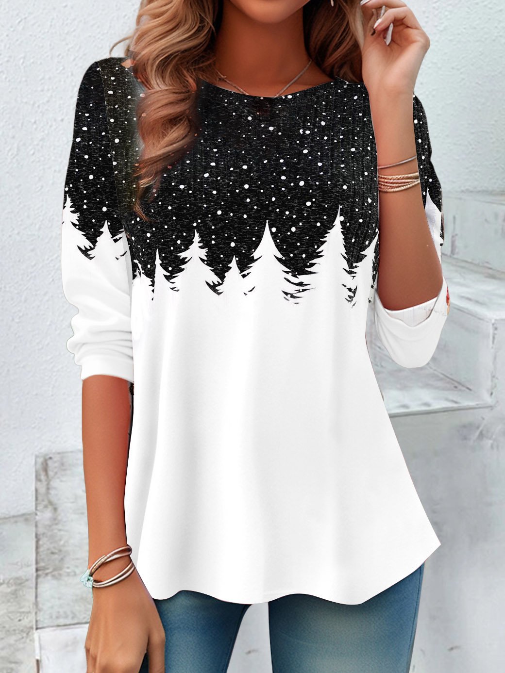 Loose Long Sleeve Crew Neck Christmas Casual Regular Blouse