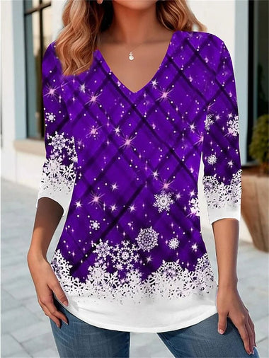 Casual Long Sleeve V Neck Christmas Loose Regular T-Shirt