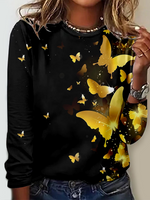 Loose Long Sleeve Crew Neck Butterfly Casual Regular T-Shirt