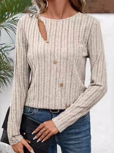 Casual Long Sleeve V Neck Plain Loose Regular Blouse