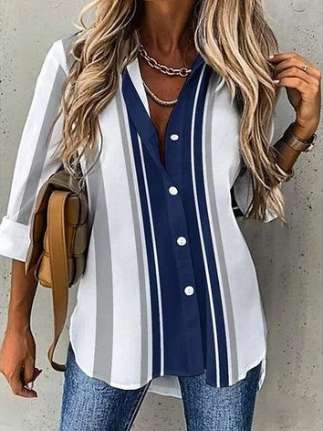 Loose Long Sleeve Shirt Collar Striped Casual Regular Shirt