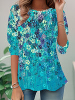 Loose Long Sleeve Crew Neck Floral Casual Regular Blouse