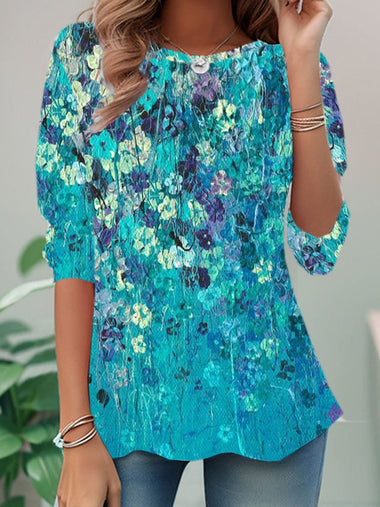 Loose Long Sleeve Crew Neck Floral Casual Regular Blouse
