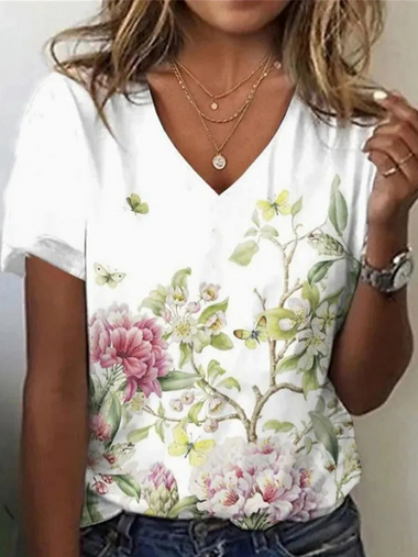 Casual Short Sleeve V Neck Floral Loose Regular T-Shirt