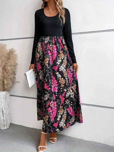 Casual Long Sleeve Crew Neck Floral Loose Maxi Dress
