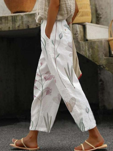Casual Floral Pocket Stitching Loose Long Pants