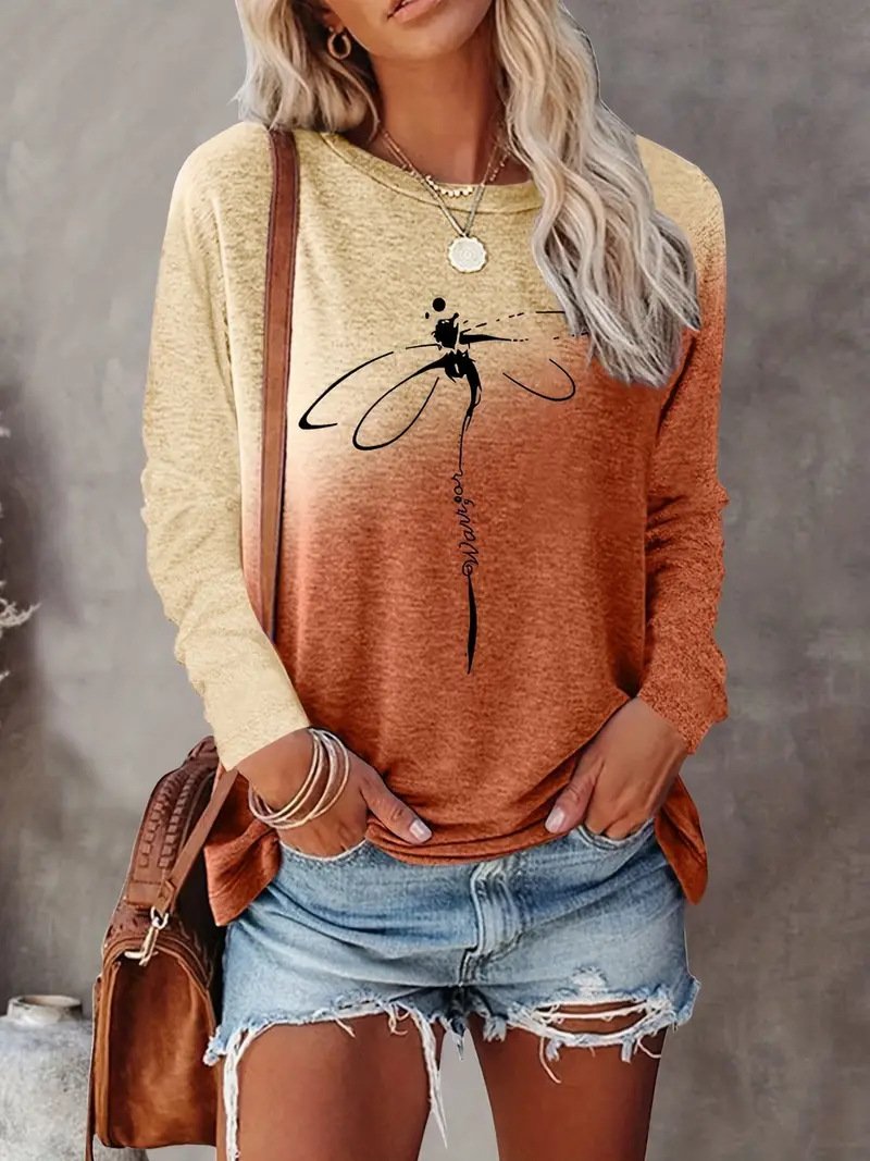 Casual Long Sleeve Crew Neck Dragonfly Loose Regular T-Shirt