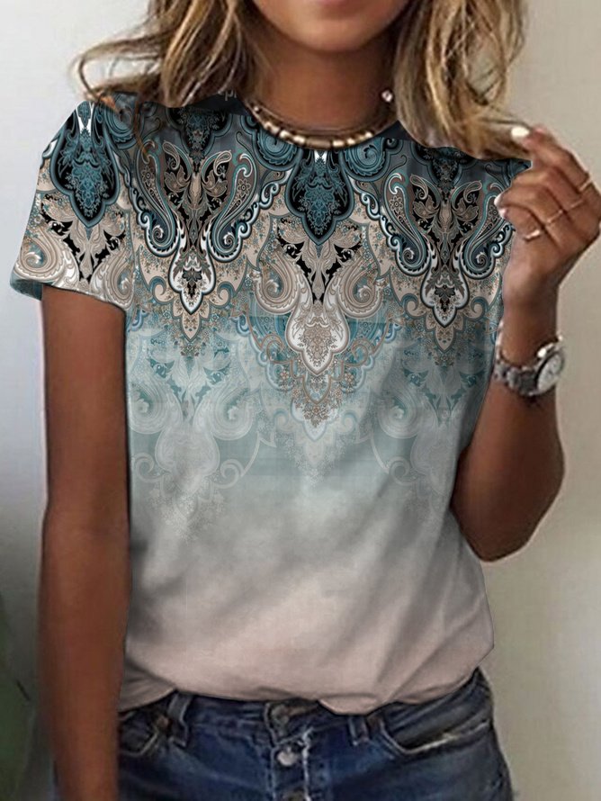 Loose Short Sleeve Crew Neck Ethnic Casual Regular Blouse