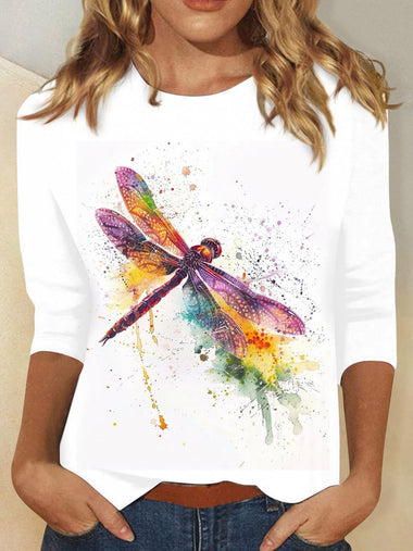 Casual Long Sleeve Crew Neck Dragonfly Loose Regular T-Shirt