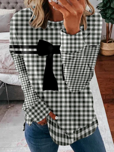 Casual Long Sleeve Crew Neck Plaid Loose Regular Sweatshirt