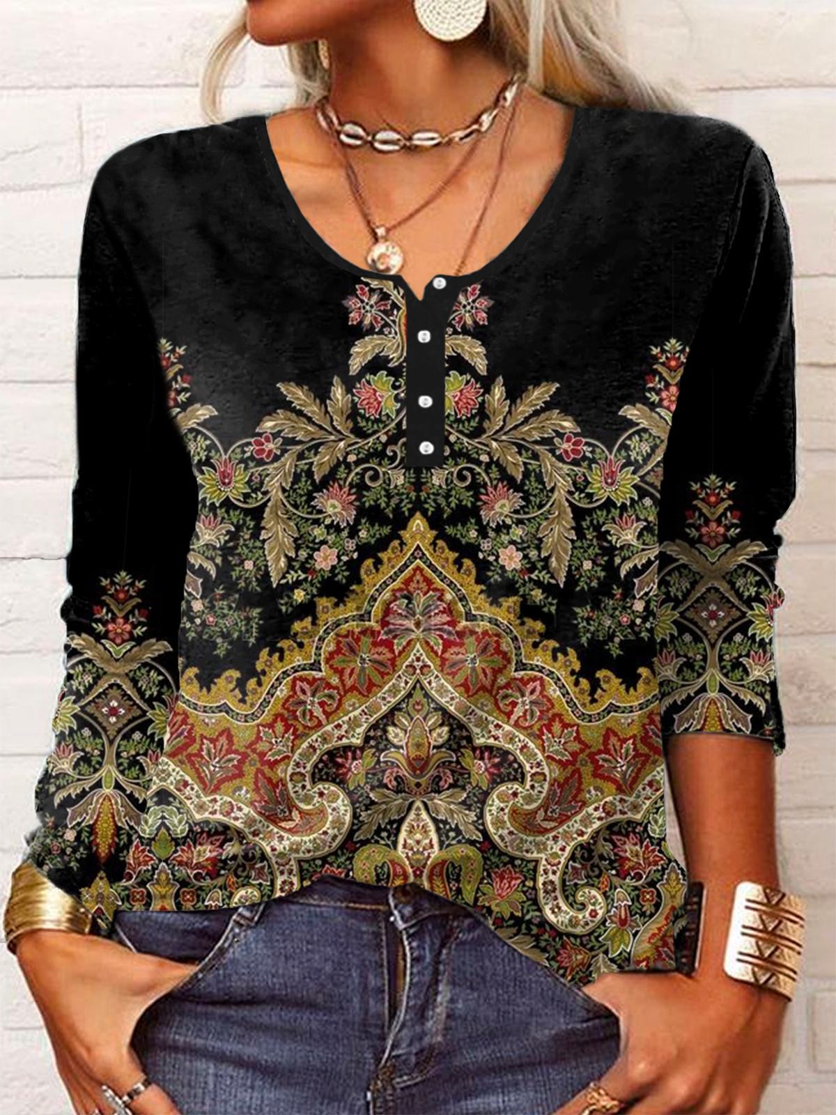 Loose Long Sleeve Crew Neck Ethnic Casual Regular T-Shirt